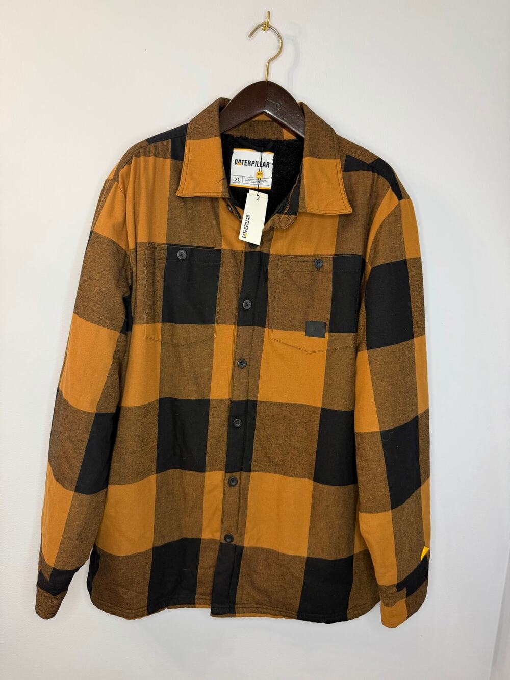 Caterpillar Mens Orange Plaid Sherpa Lined Button Up Flannel Shacket Sz. XL New